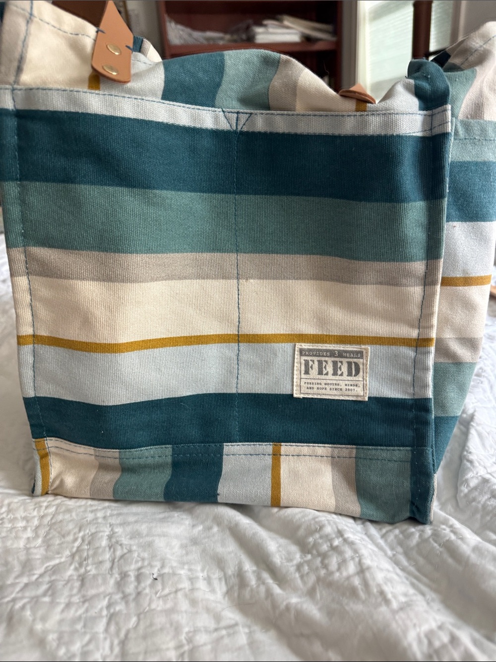 FEED Striped Canvas Tote in Teal, Cream & Mustard